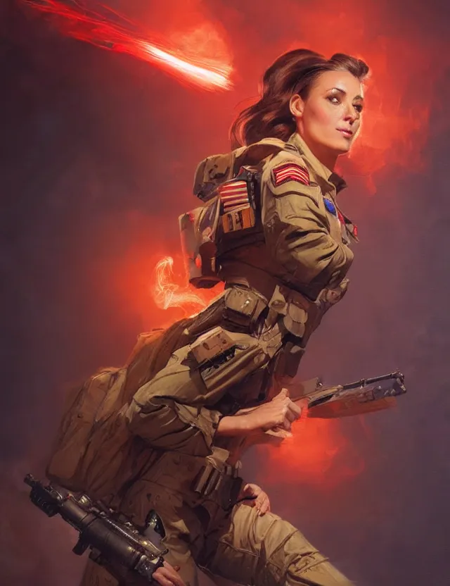 Image similar to a brown - haired woman in a military uniform hovering in the air glowing with red light and crackling energy, by frank fazetta and peter mohrbacher, trending on artstation, digital art, 4 k resolution, detailed, high quality, sharp focus, hq artwork, coherent, insane detail, concept art, character concept, character full body portrait