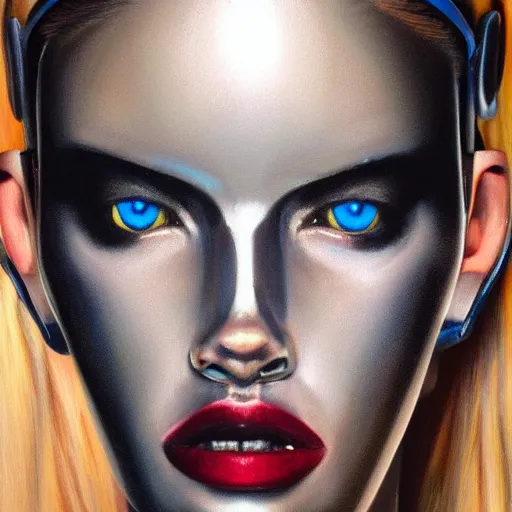 Image similar to hyperrealism oil painting portrait of robot cyborg fashion model with glowing eyes