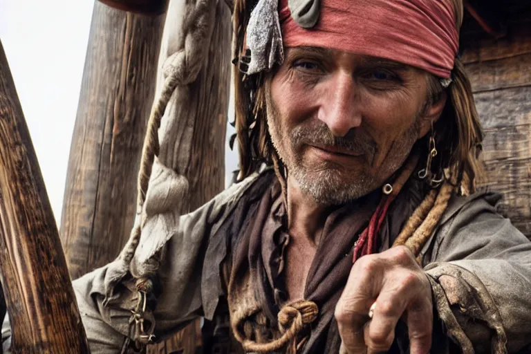 Image similar to closeup old pirate on an old pirate ship, by emmanuel lubezki