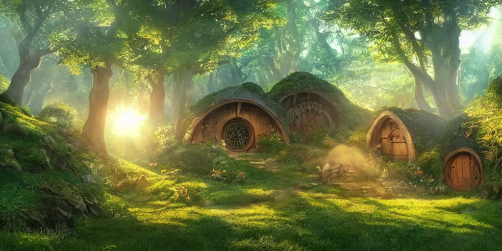 Image similar to ambience, atmosphere, sunbeams, lush and beautiful concept art for the shire and hobbit houses, lord of the rings, peter jackson, studio ghibli, detailed, realistic lighting, volumetric lighting, golden hour,