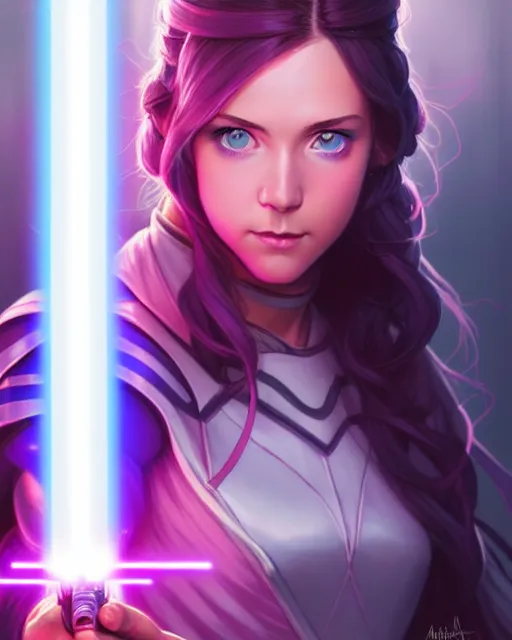 Prompt: pretty blue eyed brunette girl!! pink lightsaber! gorgeous, beautiful, jedi, fire emblem, art by artgerm and greg rutkowski and magali villeneuve, portrait, d & d, fantasy, highly detailed, digital painting, trending on artstation, concept art, sharp focus, illustration