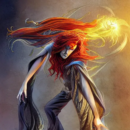 Prompt: The celestial warlock (a beautiful half elf with long red hair) clumsily knocks a single red rose from the top of a funerary urn, releasing an angry wraith from inside. Dramatic digital art illustration in comic book style by Simon Bisley