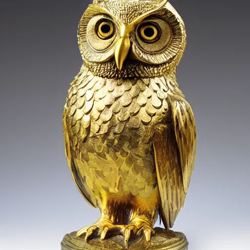 Prompt: a golden owl statue