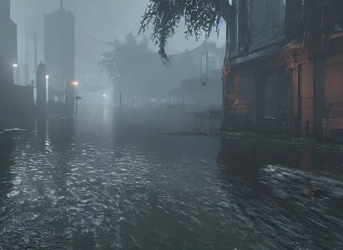 Prompt: dark, misty, foggy, flooded chicago city street, swamp and grunge in destiny 2, liminal creepy, dark, dystopian, abandoned highly detailed 4 k in - game destiny 2 gameplay showcase