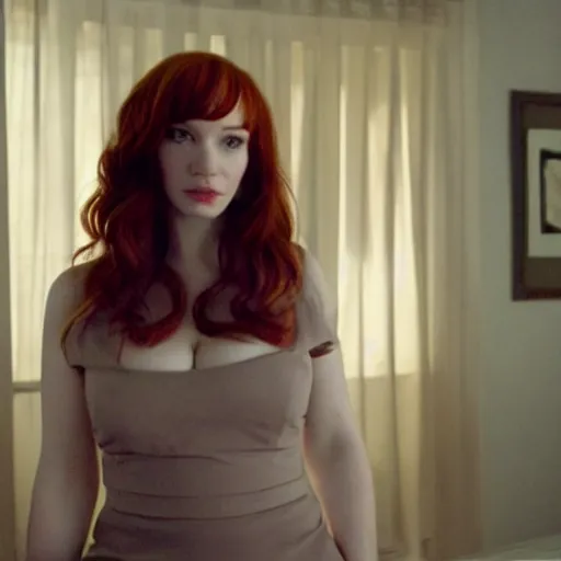 Image similar to a very surprised looking beautiful christina hendricks in a miniskirt in the living room, film still from the movie directed by denis villeneuve, wide lens