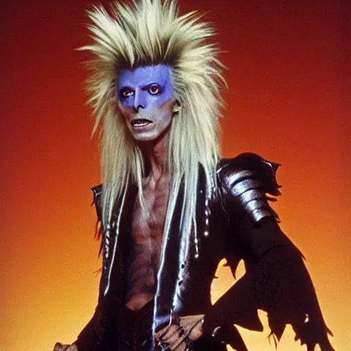 Image similar to David Bowie as the Goblin King from the movie Labyrinth (1986) but he's dressed like a Ninja with a Ninja mask and very big 80's glamrock hair, intricate, highly detailed, fullbody, artstation, concept art, smooth, sharp focus, illustration, art by greg rutkowski and orientalism and bouguereau and Zdzislaw Beksinski, good clear quality, lighting, biology, symmetrical artwork, perfect face, 135 mm, cinematic, hyper realism, high detail, octane render, 8k, chrome accents