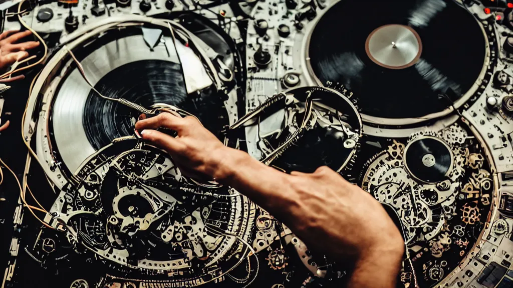 Image similar to a person wearing goggles and visor and headphones using a steampunk record player contraption, wires and tubes, turntablism dj scratching, intricate planetary gears, complex, cinematic, imax, sharp focus