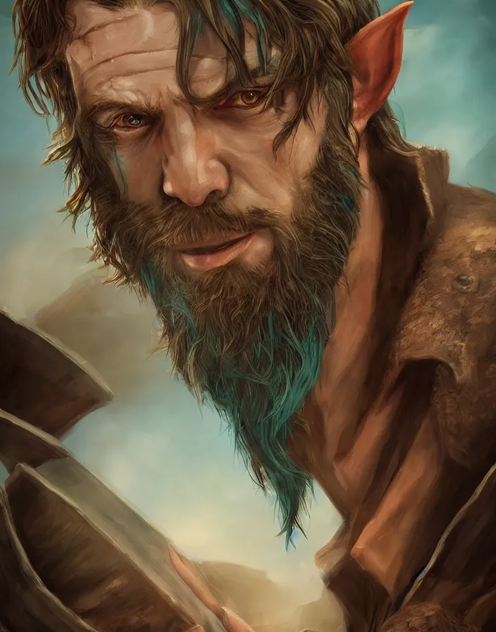 Prompt: An epic fantastic realism comic book style portrait painting of an arrogant half elf ranger with shaggy brown hair, scruffy beard, scar on face, teal tunic, D&D Concept Art, unreal 5, DAZ, trending on deviantart hyperrealistic, octane render, cosplay, RPG portrait, dynamic lighting