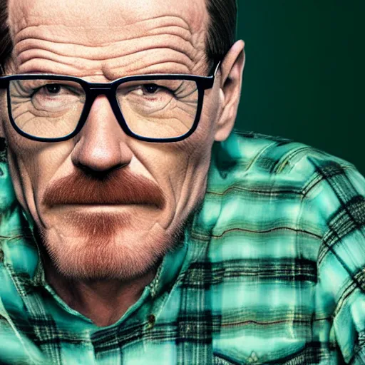 Prompt: A bald Bryan Cranston with a stern facial expression, with navigator shaped glasses, a goatee and mustache, and wearing a green flannel shirt, portrait, realistic, hyperrealistic, 4k resolution, 8k resolution, HD Quality, highly detailed, very detailed, detailed, studio quality lighting, dramatic lighting, real life