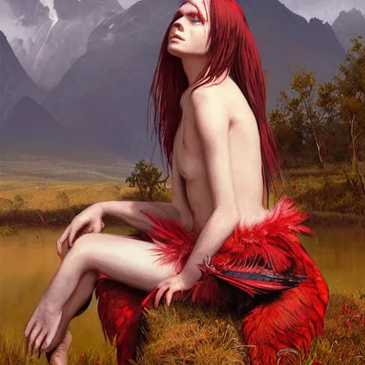 Prompt: Young Harpy-Girl, red feathered wings, wearing Inka clothes, sad expression, sitting at a pond, mountainous area, trees in the background, oil painting, by Greg Rutkowski