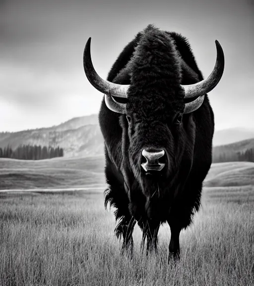 Image similar to Award winning Editorial photo of an american bison in yellowstone Park by Edward Sherriff Curtis and Lee Jeffries, 85mm ND 5, perfect lighting, gelatin silver process, National Geographic