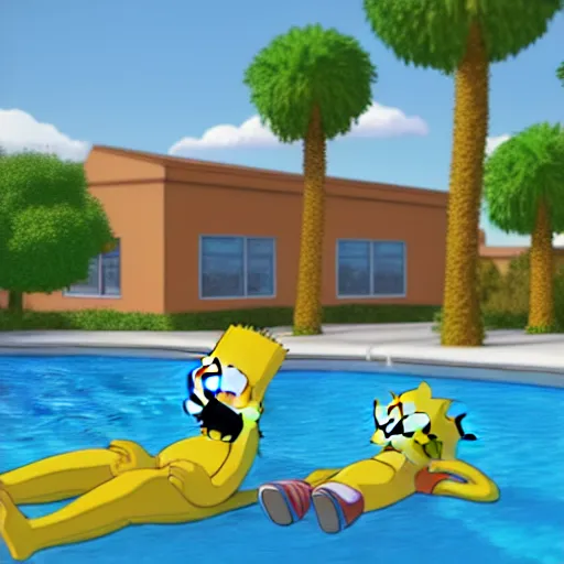 Prompt: 3D render of the Simpsons lounging near a pool