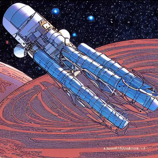 Image similar to space station in the style of Jean Giraud Moebius