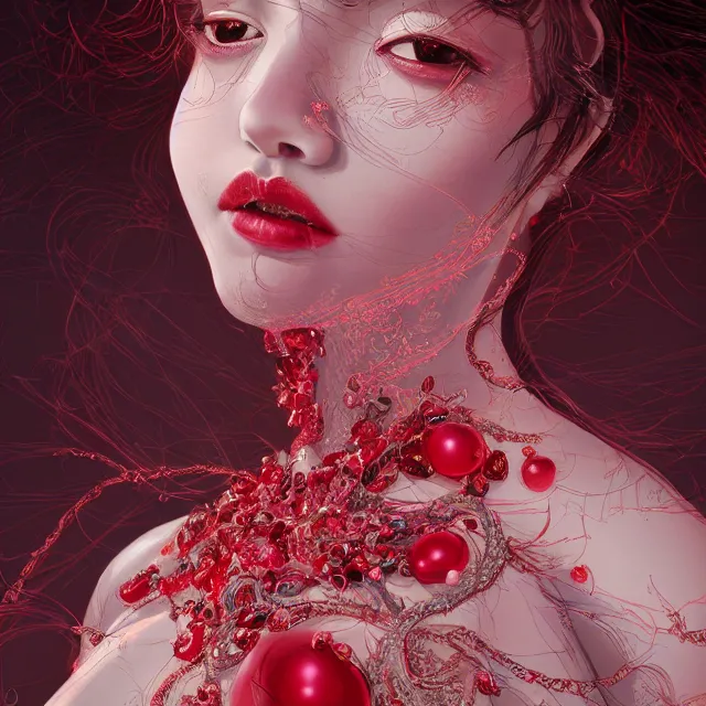 Prompt: studio portrait of absurdly beautiful, elegant, young gravure idol made of rubies and red gems, ultrafine hyperrealistic detailed face illustration by kim jung gi, irakli nadar, intricate linework, sharp focus, bright colors, matte, octopath traveler, final fantasy, unreal engine highly rendered, global illumination, radiant light, intricate environment