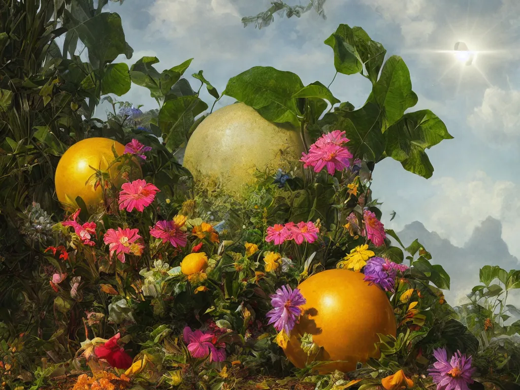 Image similar to sunlight study, the universe is a spheroid region 7 0 5 meters in diameter of kauai wildflower undergrowth, art nouveau, by cornelis de heem and ( ( ( ( ( lisa frank ) ) ) ) ), 8 k, sharp focus, octane render