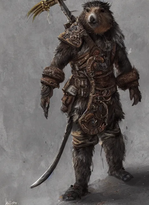 Image similar to detailed full body concept art illustration, plague style oil painting on canvas of an anthropomorphic capybara barbarian in full intricate clothing, biomutant, dystopian plague, micro detail, octane render, 4K