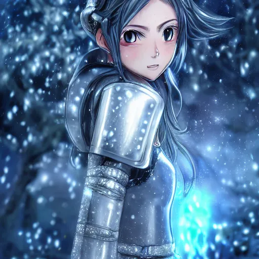 Prompt: portrait focus of knight beautiful 3D anime girl, silver Frozen ice crystal armor wearing, dark forest background, snowing, bokeh, inspired by Masami Kurumada, digital painting, high contrast, unreal engine render, volumetric lighting, high détail