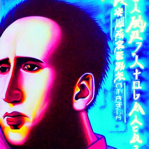 Image similar to beautiful amazing anime portrait painting of nicholas cage in tokyo. neon lights. by hayao miyazaki, katsuhiro otomo, akira toriyama, satoshi kon, eiichiro oda, hideaki anno