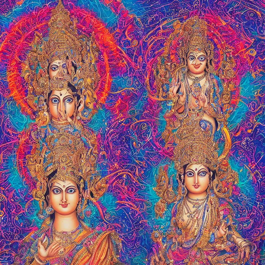 Image similar to a spiritual cosmic psy and realistic hindu goddess looking at the camera in a photo shoot with blue eyes, the whole image is fluid psychedelic designs and cinematic lighting, octane engine, , hyper realistic, surreal, symmetry perfect, ful color,visionary art