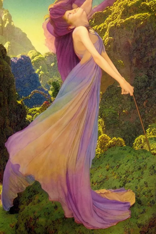 Image similar to a beautiful fairy wearing a silk gown, in a lord of the rings scenery landscape, rainbowshift, by maxfield parrish, artgerm