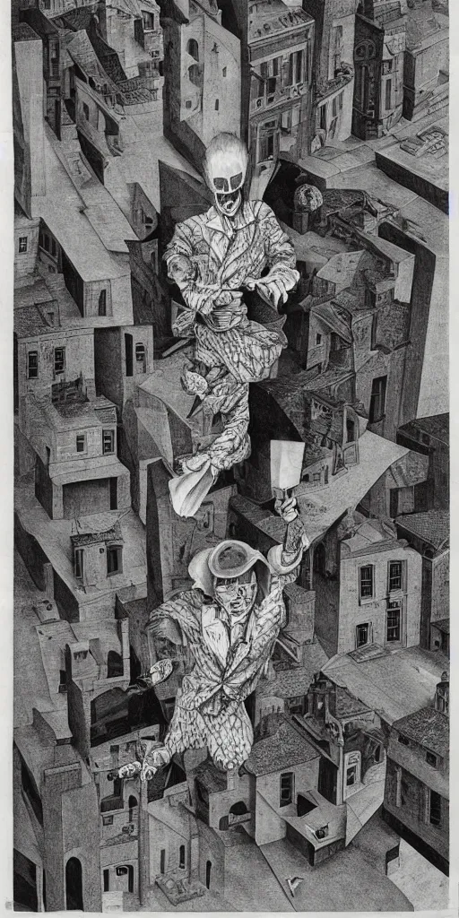 Prompt: faceless man flies through an MC Escher city, wearing a comedy mask in elizabethan boots and ruff, dramatic theater lighting