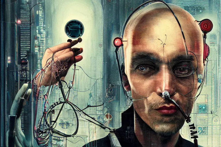 Image similar to man with wires on his head and a cigarette in his mouth, cyberpunk art by daniel merriam, behance contest winner, panfuturism, circuitry, darksynth, future tech