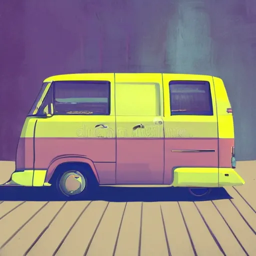 Image similar to retro painting illustration of a volswagen van, 2 d, pastel color, retro style art, trendy on artstation