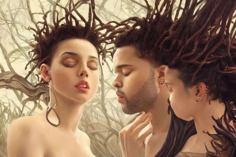 Image similar to Music video screenshot of The Weeknd song Save your tears, unreal, fantasy, intricate, elegant, dramatic, highly detailed, photorealistic, digital painting, painterly, artstation, concept art, smooth, sharp focus, art by John Collier and Krenz Cushart and Artem Demura and Alphonse Mucha and Albert Aublet