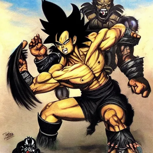 Image similar to Black-haireBlack-haired Saiyan warrior fistfighting Ork, Orkboy, Frank Frazetta art, pulp art