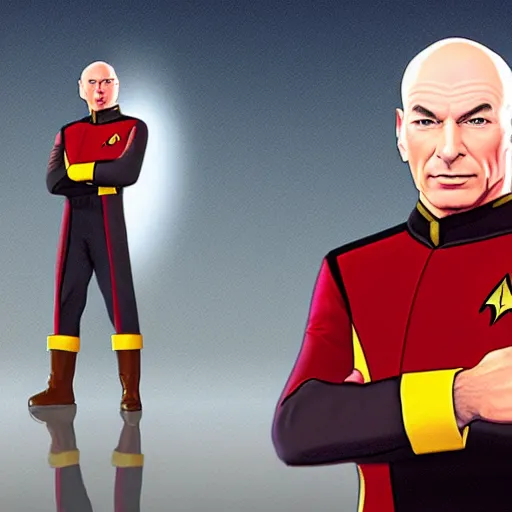 Prompt: Captain Jean Luc Picard in his Starfleet uniform, in the style of GTA V