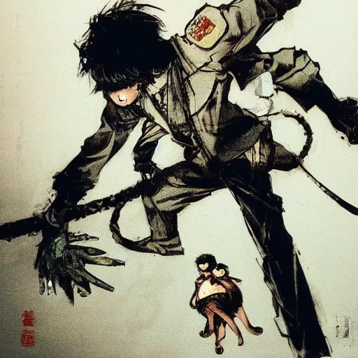 Image similar to a tight shot of a monkey dragging a doll in the street in Japan by Yoji Shinkawa and Ashley Wood, rule of thirds