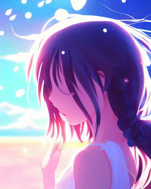 Image similar to anime style, vivid, expressive, full body, 4 k, a cute girl with white skin and long wavy hair humming a song, stunning, realistic light and shadow effects, centered, simple background, studio ghibly makoto shinkai yuji yamaguchi