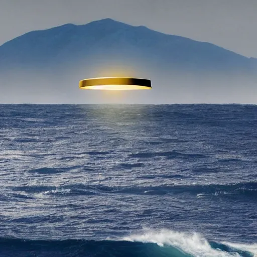 Image similar to the photo shows a large, disk - shaped object hovering in the sky above the ocean waves and mountains. the object appears to be surrounded by a golden bright aura. there is no sign of any engines or propulsion system. the photo was taken by a professional photographer.