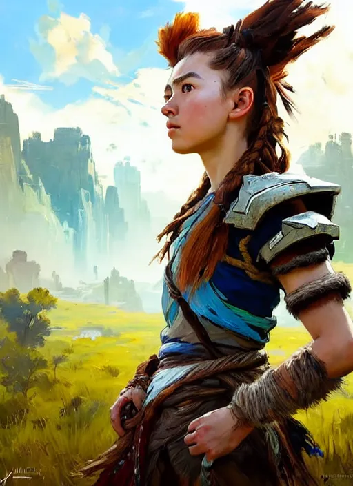 Image similar to portrait of Aloy from Horizon Zero Dawn in the style of League of Legends practicing, countryside, calm, fantasy character portrait, dynamic pose, above view, sunny day, thunder clouds in the sky, artwork by Jeremy Lipkin and Giuseppe Dangelico Pino and Michael Garmash and Rob Rey and Jean Giraud, very coherent asymmetrical artwork, sharp edges, perfect face, simple form, 100mm