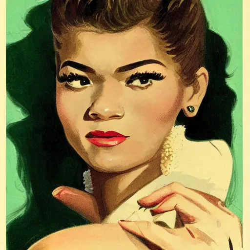 Image similar to “Zendaya portrait, color vintage magazine illustration 1950”