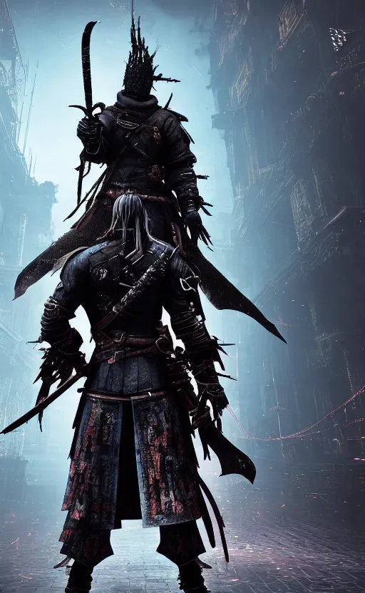 Prompt: an ultrawide photo of cyberpunk samurai with double sword, bloodborne concept art, 4 k