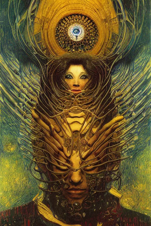 Image similar to character art the contra bill rizer, by karol bak, jean deville, gustav klimt, and vincent van gogh, trickster, enigma, destiny, poe's angel, surreality, inspiration, muse, otherworldly, fractal structures, arcane, ornate gilded medival icon, spirals