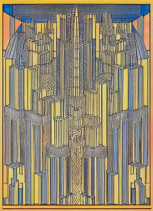 Image similar to isometric artdeco cathedral by frank lloyd wright, isometric, painted by piet mondrian in isometric from above