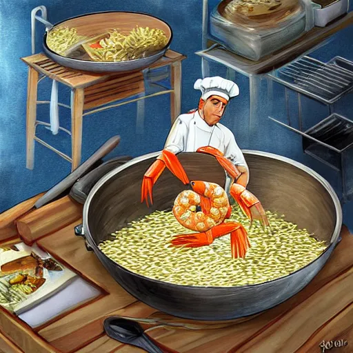 Prompt: A shrimp chef preparing a dish of rice, digital art, detailed