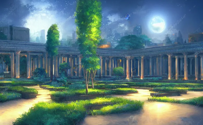 Image similar to beautiful landscape artwork of the gardens of babylon at night, ambient lights, masterpiece by Makoto Shinkai