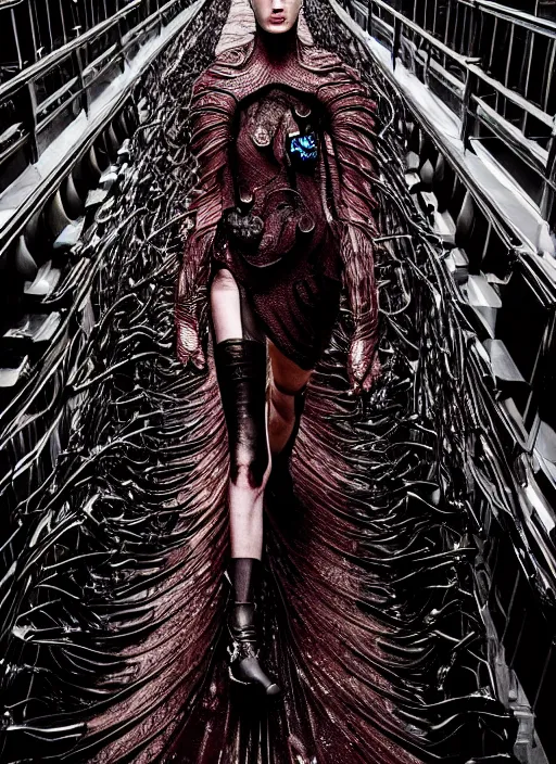 Image similar to walking down the catwalk, steven klein, show, stage, vogue photo, podium, fashion show photo, historical baroque dress dark, iris van herpen, beautiful woman, full body shot, masterpiece, intricate, biopunk, guyver, highly detailed