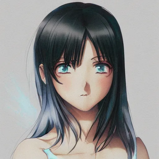 Prompt: A medium shot anime portrait of a brunette anime woman, a single short ponytail, parted hair, bare forehead, blue-eyed, blue eyes, big round nose, with large breasts, wearing a t-shirt, solid background, by Stanley Artgerm Lau, WLOP, Rossdraws, James Jean, Andrei Riabovitchev, Marc Simonetti, and Sakimi chan, trending on artstation