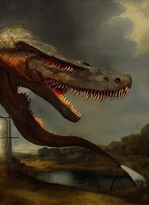 Prompt: portrait of a tyrannosaurus attacking a windmill, digital art, highly detailed, stunning scene, realism, bright colors, trending on artstation, masterpiece, by rembrandt and carel fabritius