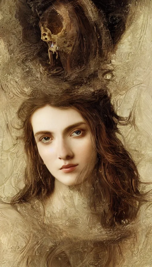 Prompt: An extremely beautiful pre-raphaelite ornate portrait of a young attractive woman with a beautiful bone structure, professionally painted digital art illustration, smooth, sharp focus, atmospheric lighting, highly detailed illustration highlights, golden ratio, extremely detailed winning award masterpiece, 8K post-processing