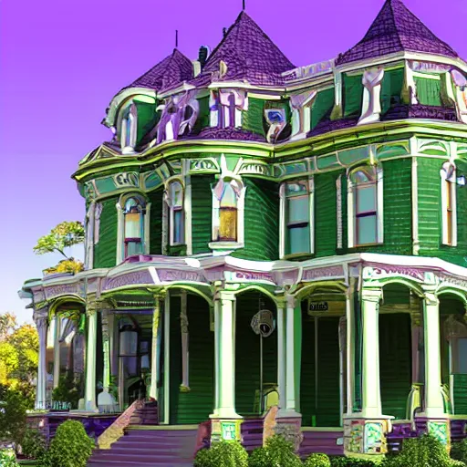Prompt: a four story Victorian style home, painted purple and green, 4k