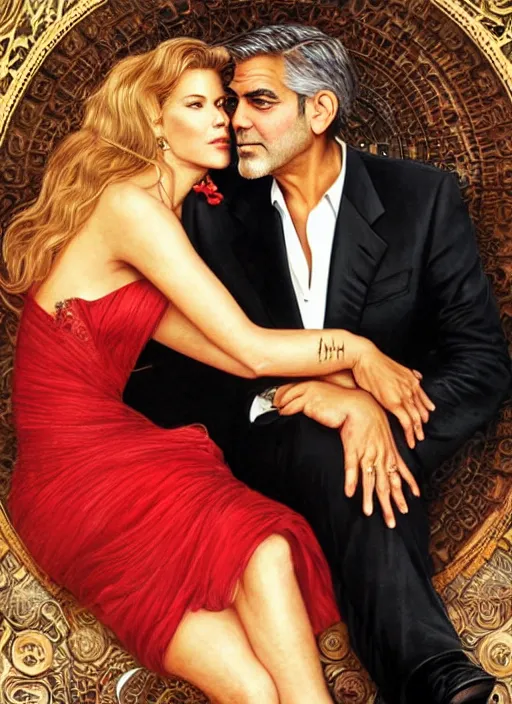 Image similar to george clooney wearing a formal black suit and kim basinger wearing a red dress, affectionate sitting together, highly detailed, focus stacked, candid portrait, art by artgerm and greg rutkowski and alphonse mucha