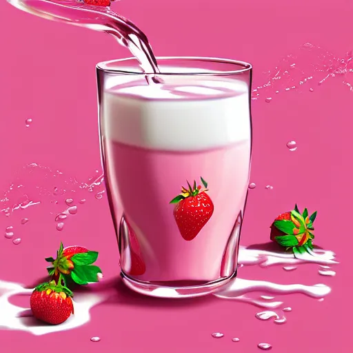 Image similar to a hyperdetailed strawberry milk poster, floating milk fluid, there are no cups or bottles, 4 k hd wallpaper illustration, package cover