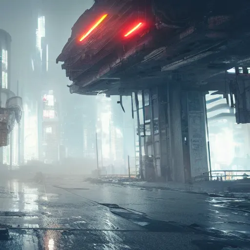 Prompt: an abandoned dystopian cyberpunk city with a bad weather and foggy sky, award winning, trending on artstation, unreal engine