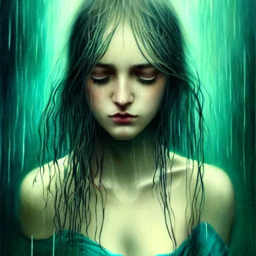 Image similar to girl in rain with wet hair and face, teal, fantasy, intricate, elegant, dramatic lighting, emotionally evoking symbolic metaphor, highly detailed, lifelike, photorealistic, digital painting, artstation, concept art, smooth, sharp focus, illustration, art by John Collier and Albert Aublet and Krenz Cushart and Artem Demura and Alphonse Mucha