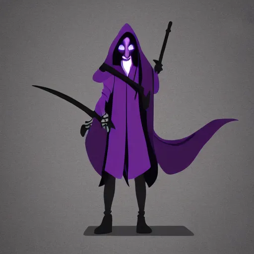 Image similar to grim reaper, purple cloak, full body, scythe